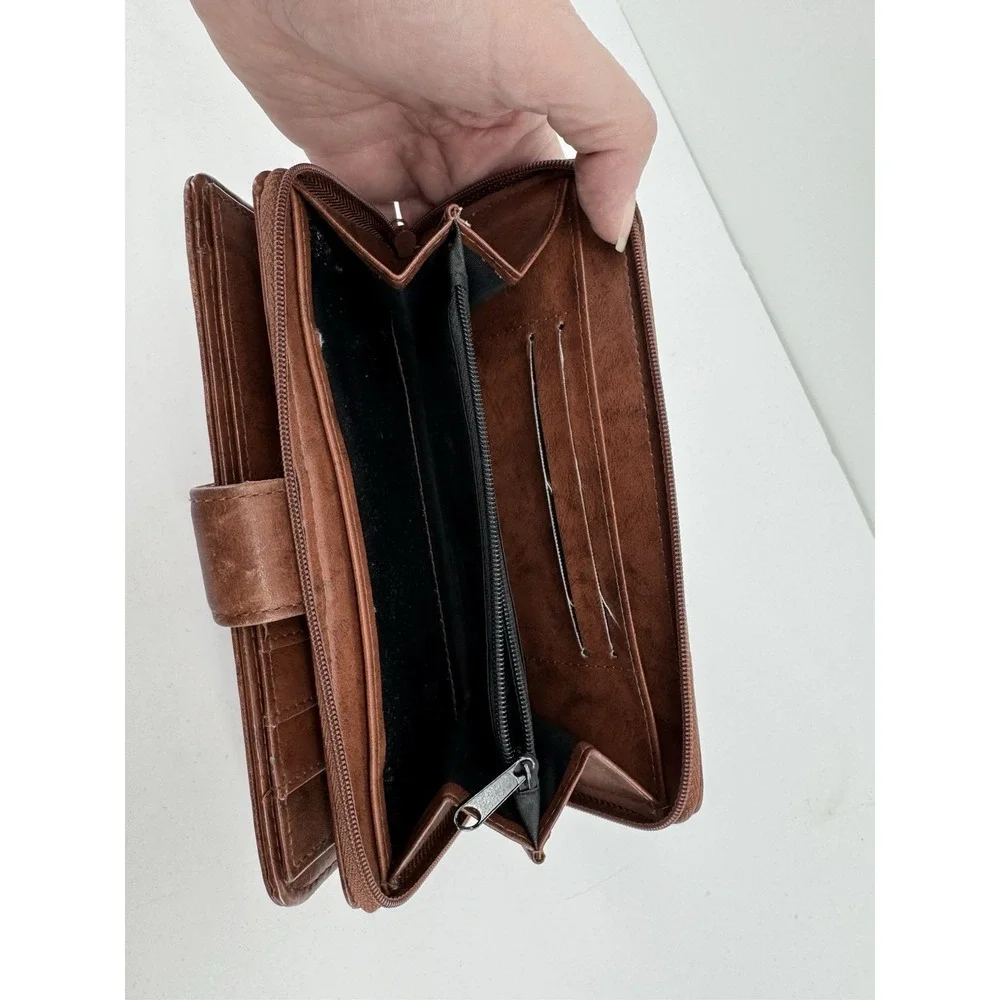 Buxton Heiress Checkbook Wallet Crunch Leather Zip Around Brown ID Window
